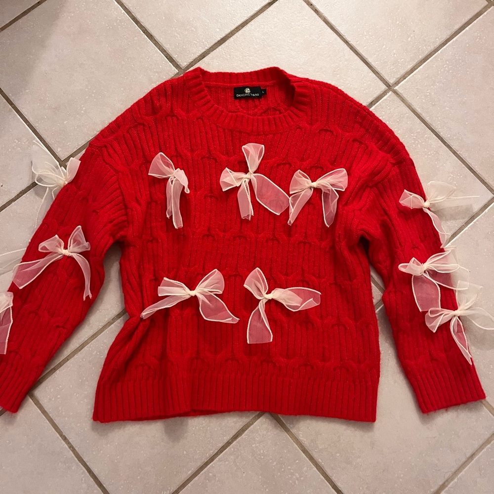 Red Bow-Appliqué Crewneck Sweater by